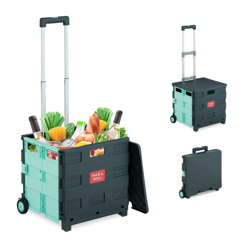 foto del prodotto carrello per spesa pieghevole, regge 35 kg, manico telescopico e coperchio, carrellino portaspesa, turchese relaxdays