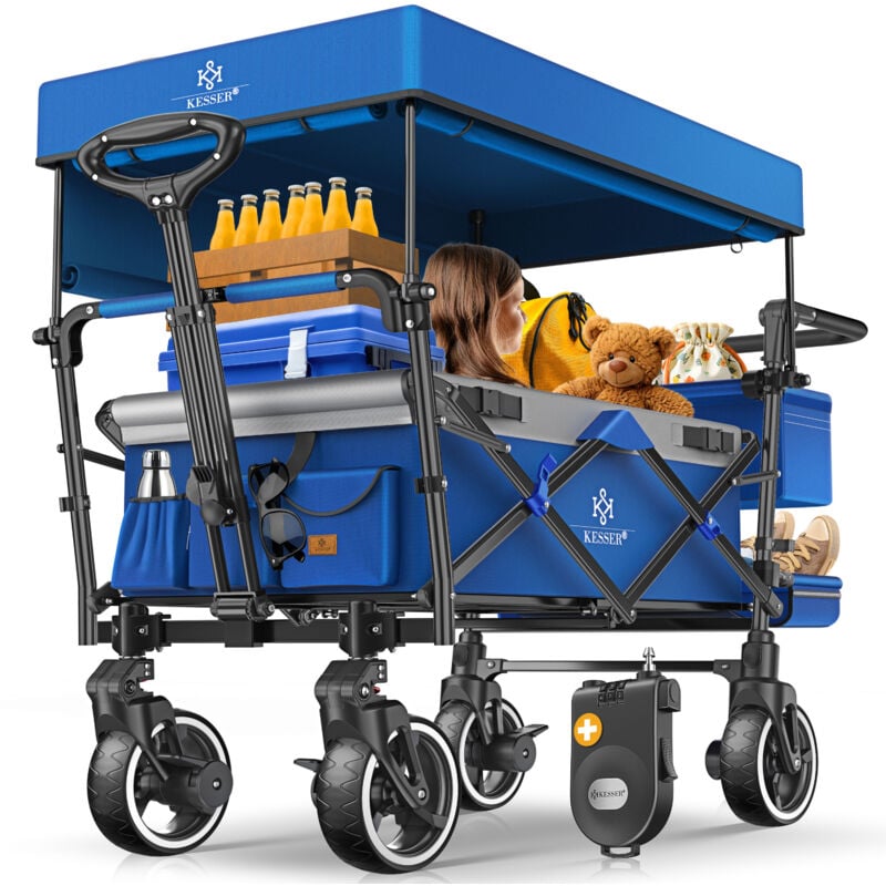 foto del prodotto carrello pieghevole gts 9100 con tetto carrello da trasporto pieghevole con 2 cinghie a 3 punti e pneumatici in gomma piena a 360 blu navy grigio