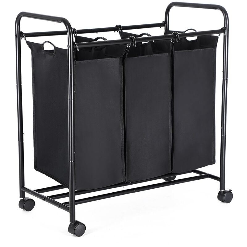 foto del prodotto carrello porta biancheria con 3 sacchi rimovibili in tessuto, ceste per bucato con rotelle universali, capacit 3 x 44 litri, nero