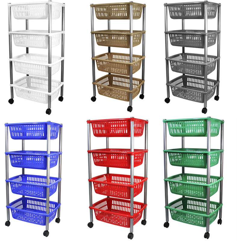 foto del prodotto carrello porta frutta 4 ripiani vivande cestini contenitore multiuso rosso verde colore marrone