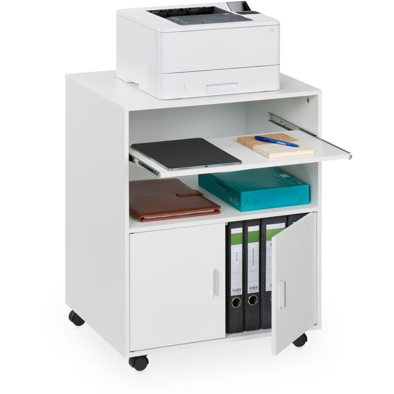 foto del prodotto carrello porta stampante, 2 scomparti e ripiano estraibile tastiera, mobiletto ufficio, 74x60x48 cm, bianco relaxdays