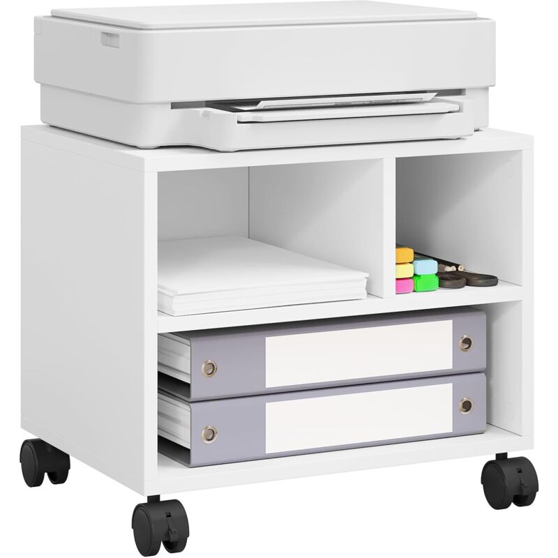 foto del prodotto carrello porta stampante. 3 scomparti aperti. per ufficio. mobiletto con ruote. 40x30x35cm bianco woltu