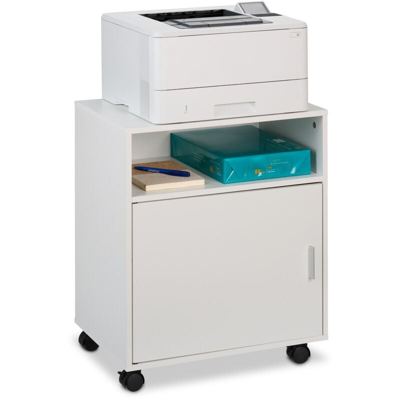 foto del prodotto carrello porta stampante, con 3 scomparti e anta, mobiletto con ruote per ufficio, hxlxp 57x48x34 cm, bianco relaxdays