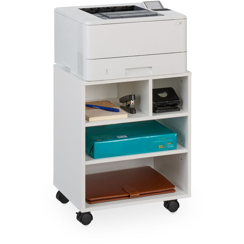 foto del prodotto carrello porta stampante, con 4 scomparti aperti, mobiletto con ruote per ufficio, hlp 49x40x30 cm, bianco relaxdays