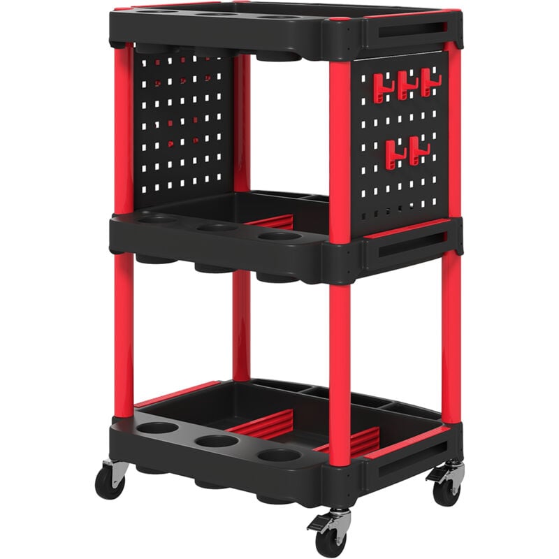 foto del prodotto carrello porta utensili 3 livelli in plastica e pannello laterale rosso homcom