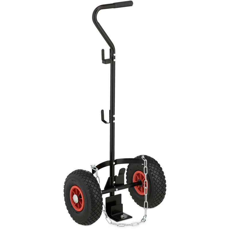 foto del prodotto carrello portabombole, per bombole di gas da 3 e 5 kg, in acciaio, con pneumatici, ganci, catena, nero rosso relaxdays