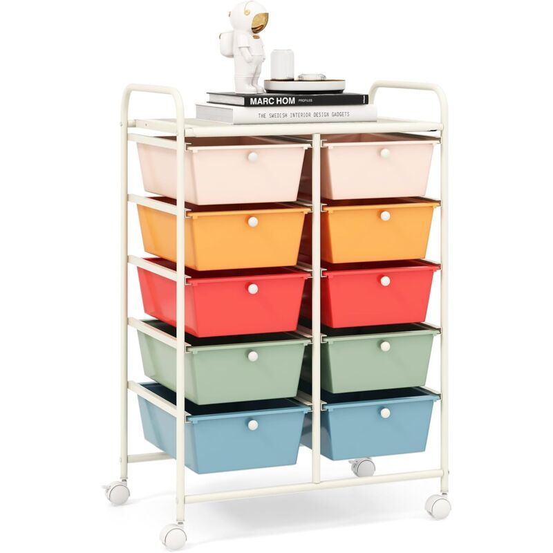 foto del prodotto carrello portaoggetti a 10 cassetti con ruote bloccabili, carrello di stoccaggio, carrello leggero multifunzione per scuola, ufficio, casa, studio,