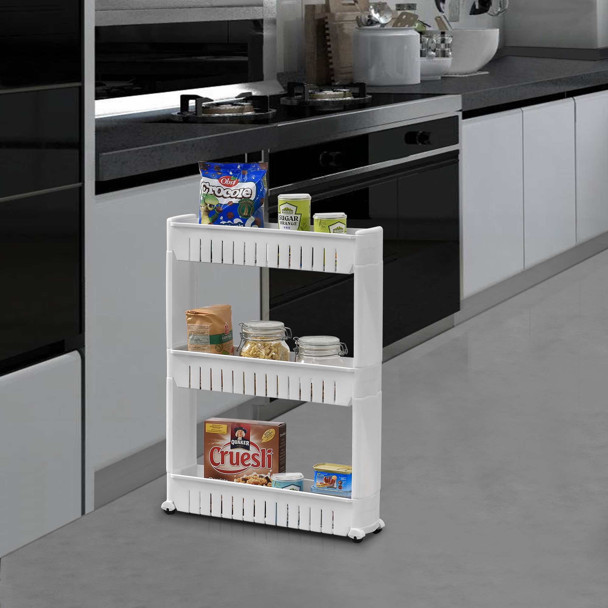 foto del prodotto carrello portaoggetti a 3 ripiani scaffale stretto con ruote 72 x 12 x 54,5 cm bianco en.casa 