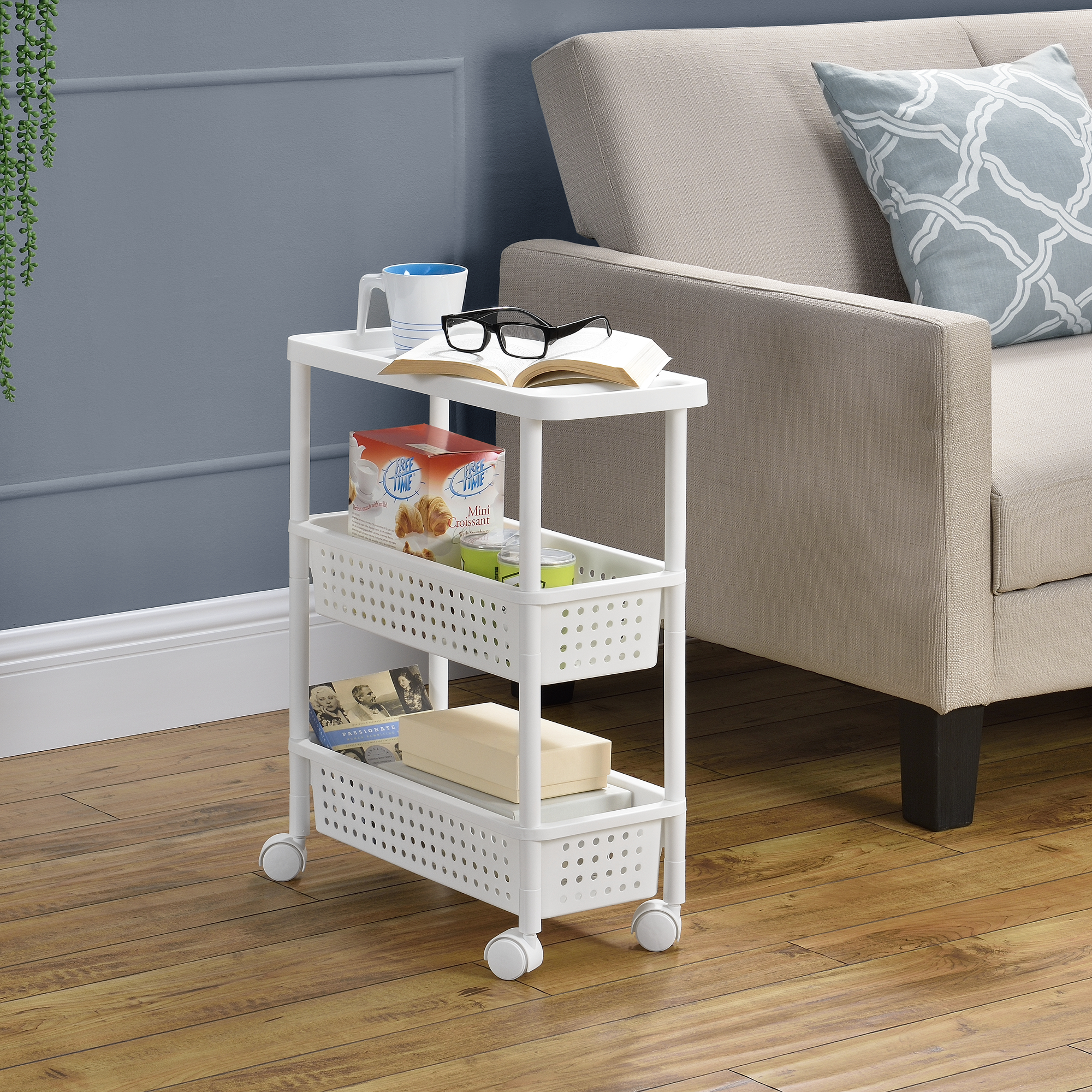foto del prodotto carrello portaoggetti a 3 ripiani scaffale stretto con ruote 77 x 22 x 48 cm bianco en.casa 