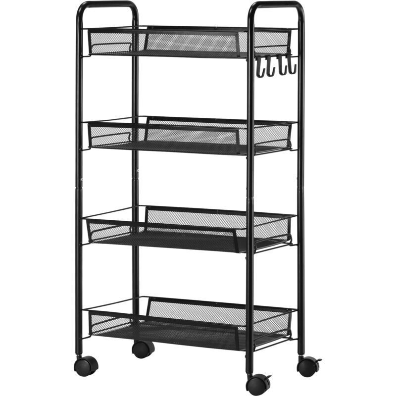 foto del prodotto carrello portaoggetti a 4 livelli con 4 ganci e 4 ruote nero homcom