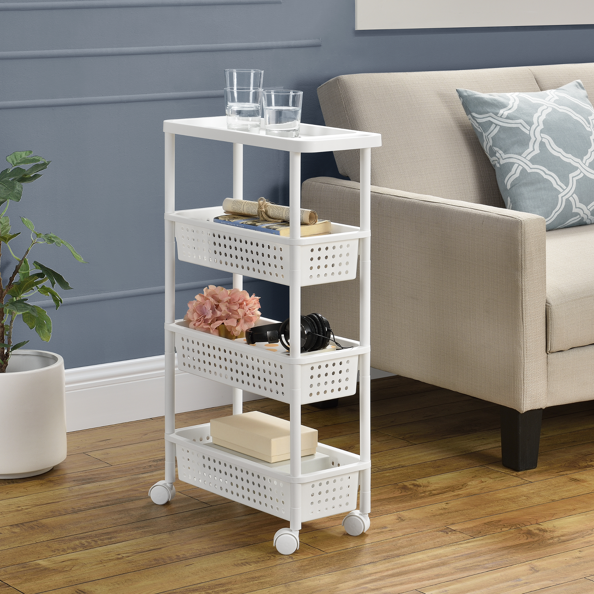 foto del prodotto carrello portaoggetti a 4 ripiani scaffale stretto con ruote 100 x 22 x 48 cm bianco en.casa 