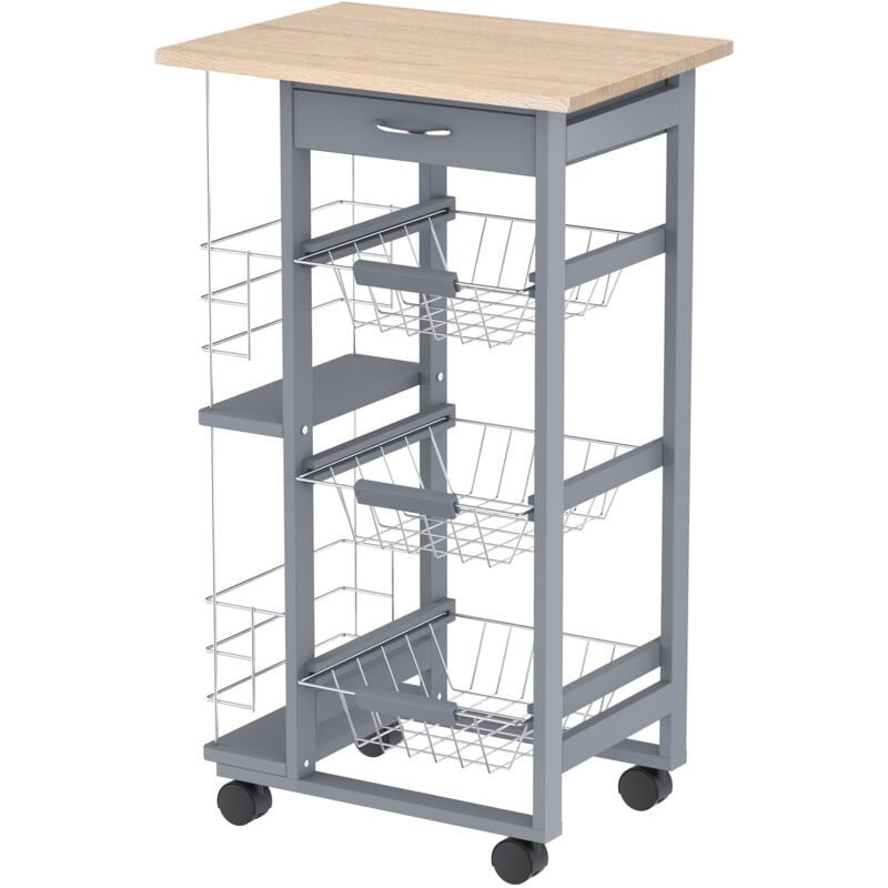 foto del prodotto carrello portaoggetti con cassetti e portabottiglie rovere e grigio homcom