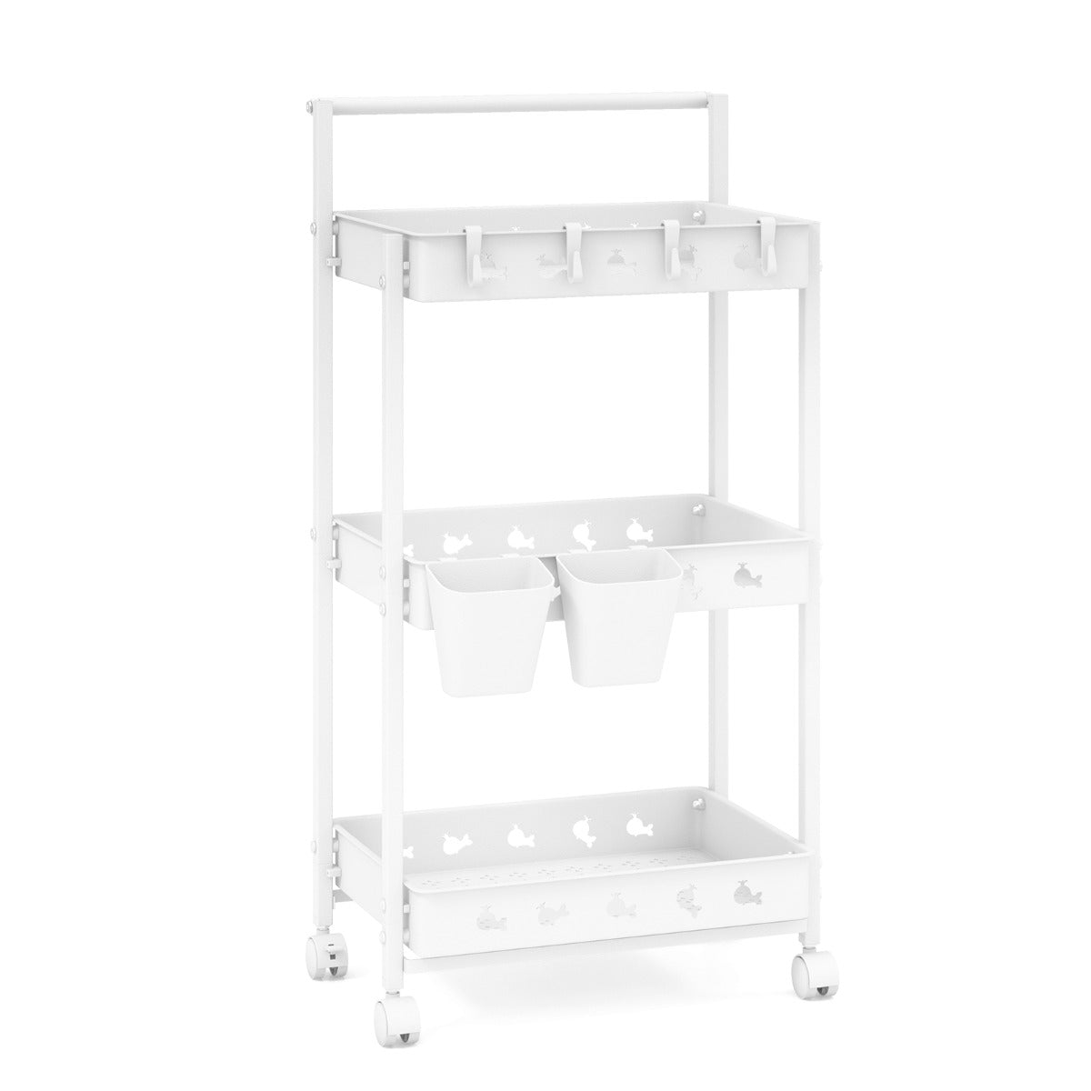 foto del prodotto carrello portaoggetti mobile a 3 livelli carrello multiuso con 3 contenitori e 4 ganci organizer mobile con maniglia bianco 20 0008233