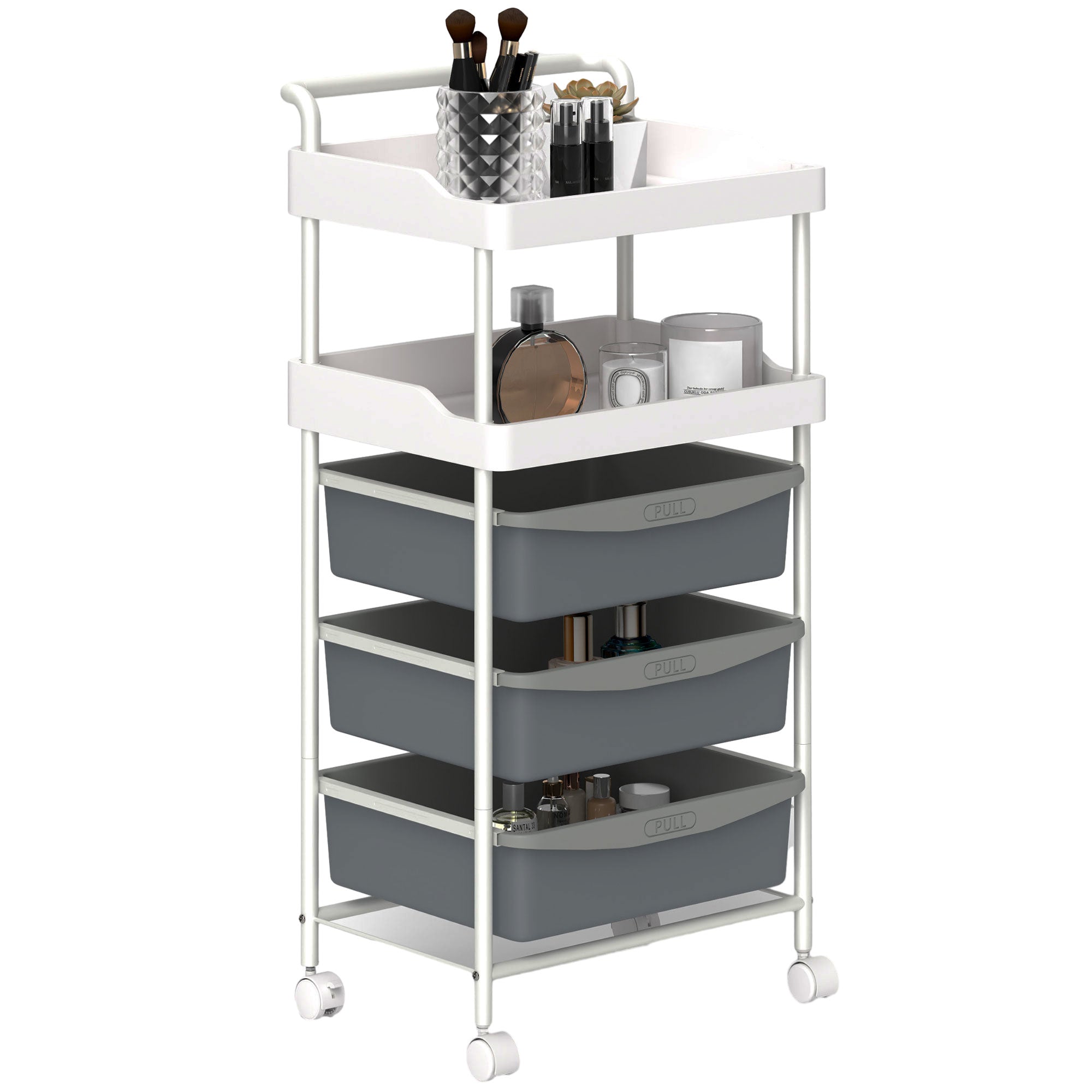 foto del prodotto carrello portaoggetti multiuso 40x34x85 cm con 2 ripiani e 3 vassoi scorrevoli in acciaio e pp bianco e grigio