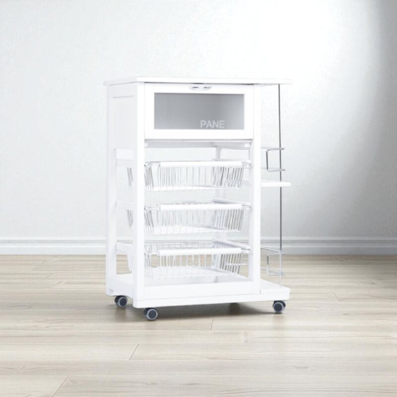 foto del prodotto carrello portapane con portabottiglie e cesti portafrutta bianco