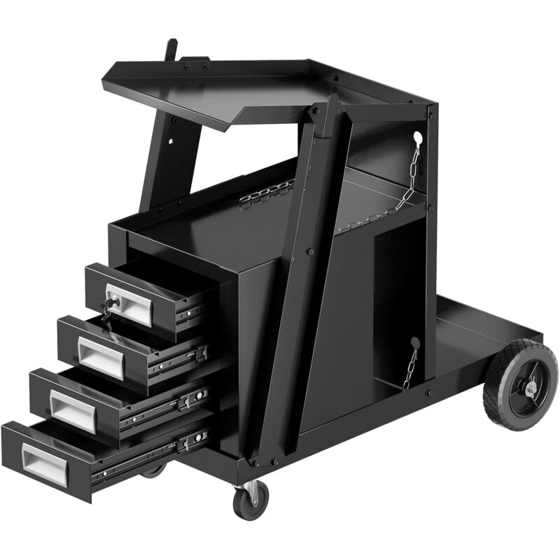 foto del prodotto carrello portautensili con rotelle in metallo per saldatrici al plasma e frese, carrello per utensili di saldatura con catena di sicurezza e 4