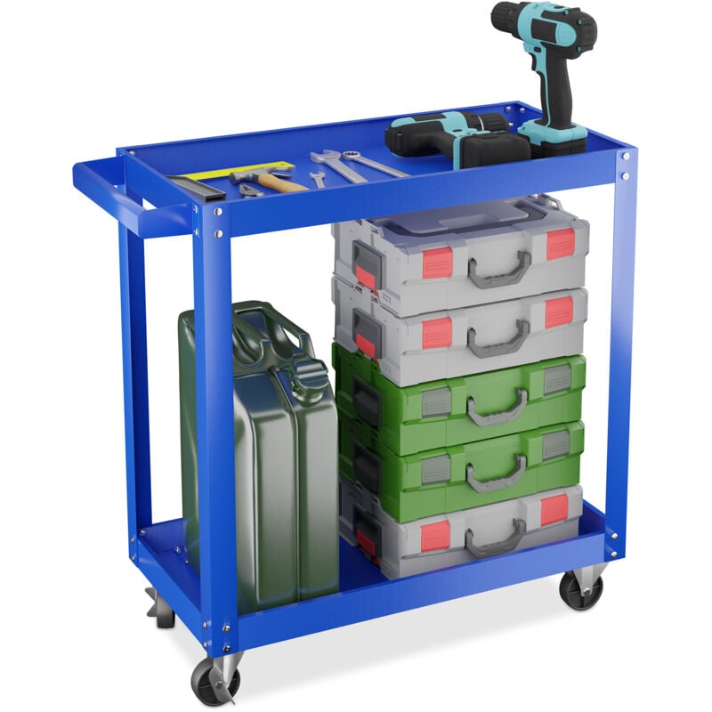 foto del prodotto carrello portautensili officina, carrellino a 2 ripiani porta attrezzi lavoro, 76x78x35 cm, max. 100 kg, blu relaxdays