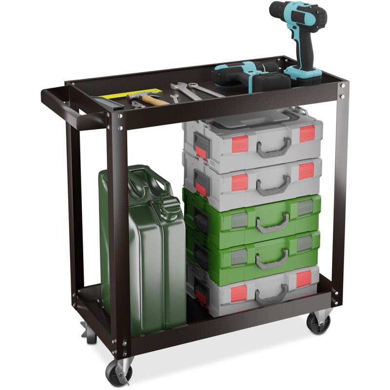 foto del prodotto carrello portautensili officina, carrellino a 2 ripiani porta attrezzi lavoro, 76x78x35 cm, max. 100 kg, nero relaxdays