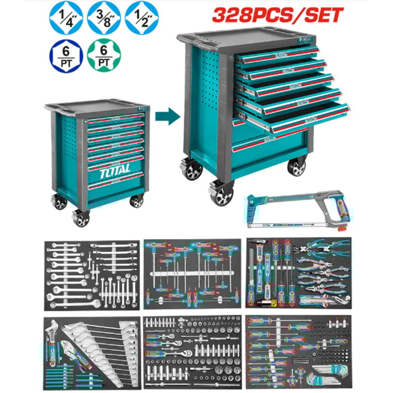 foto del prodotto carrello portautensili porta attrezzi officina contenitore 7cassetti 328pz total