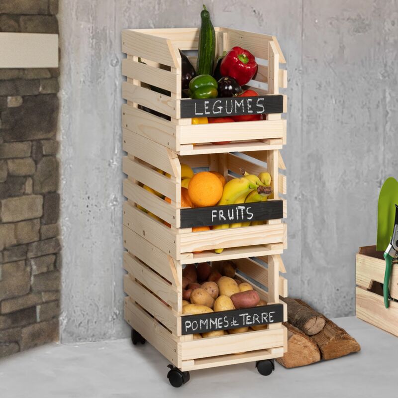 foto del prodotto carrello portavivande con 3 cestelli in legno per frutta e verdura