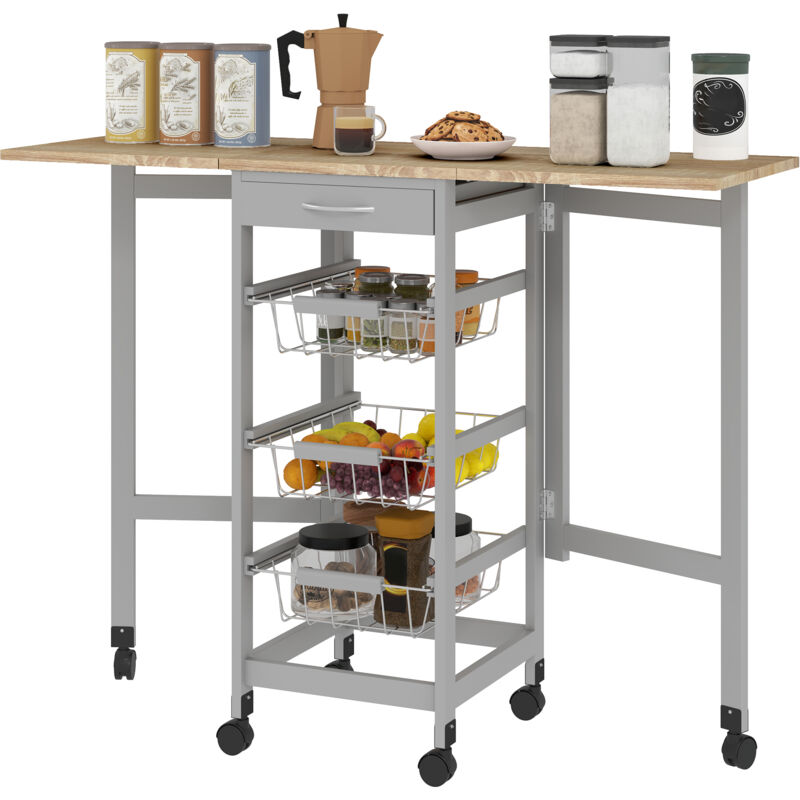 foto del prodotto carrello portavivande con 3 cestini, cassetto e 2 ribalte grigio e rovere homcom