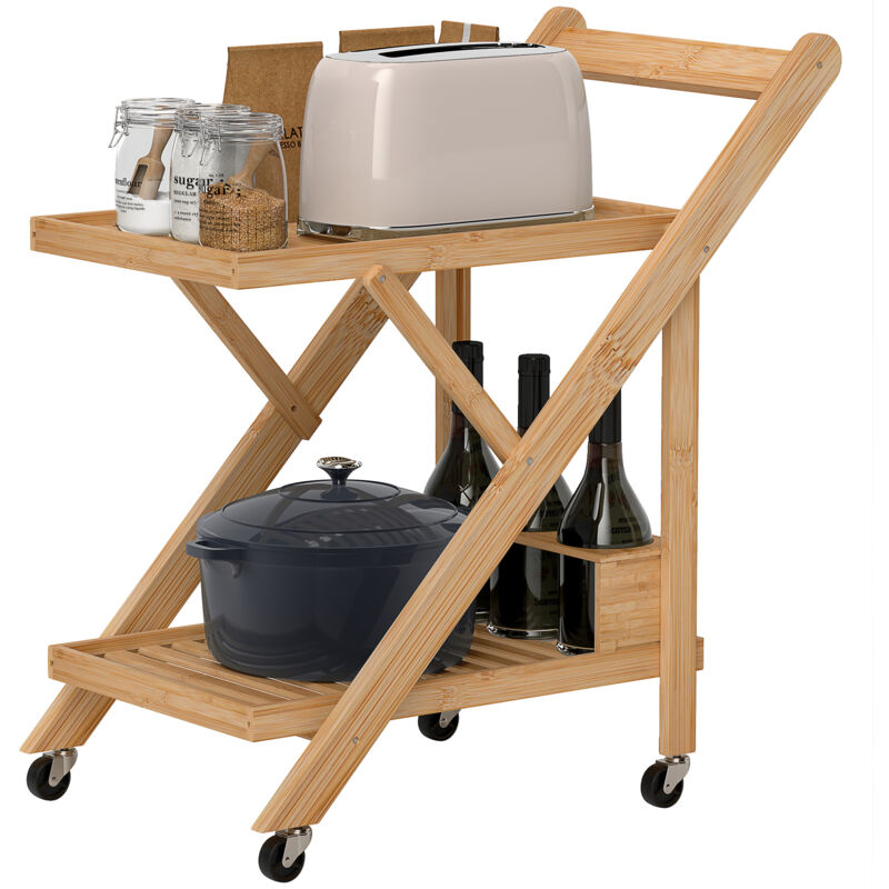 foto del prodotto carrello portavivande pieghevole da cucina 2 livelli con portabottiglie homcom