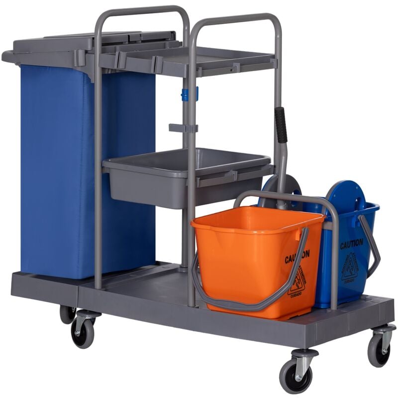 foto del prodotto carrello pulizie professionale 2 secchi con strizzatore e 3 ripiani grigio blu e arancione