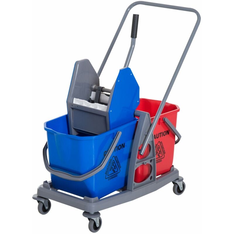 foto del prodotto carrello pulizie professionale con strizzatore e 2 secchi blu e rosso