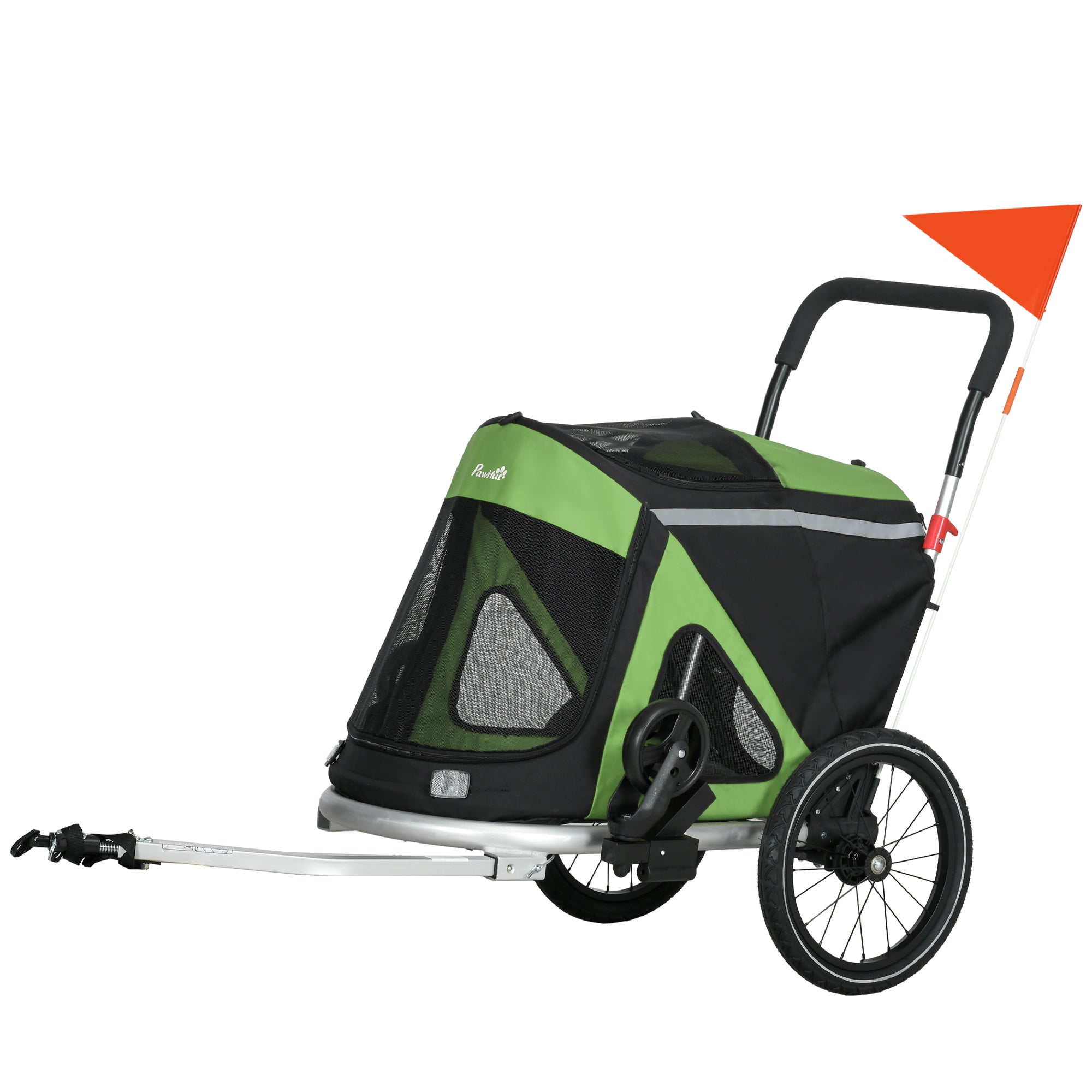 foto del prodotto carrello rimorchio per cani da bicicletta 2 in 1 pieghevole con catarifrangenti e bandierina verde