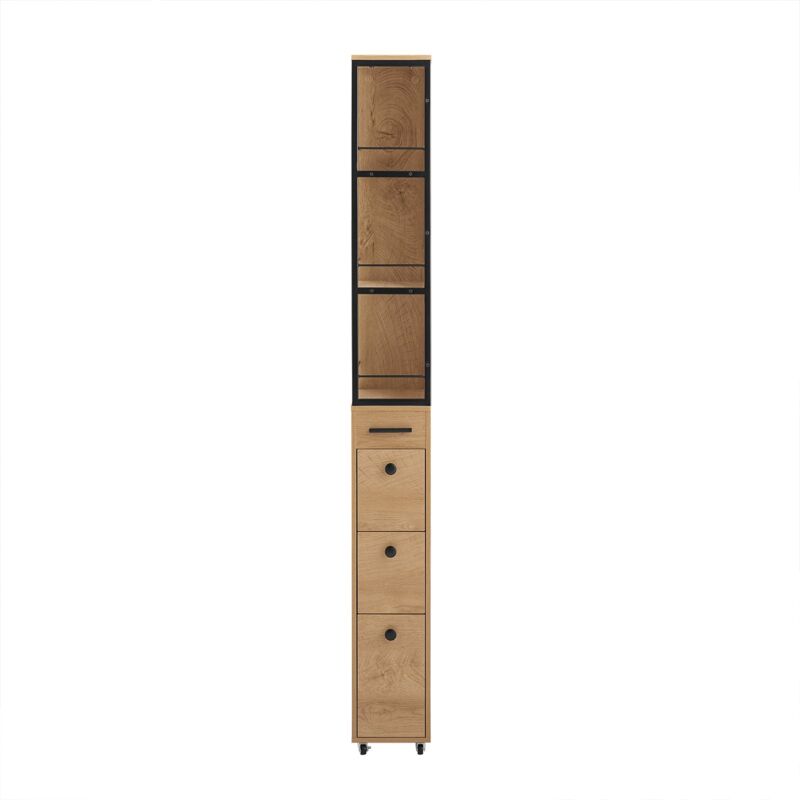 foto del prodotto carrello salvaspazio con cassetti e ruote, mobiletto multiuso per cucina, bagno e lavanderia naturale 20x40x170 cm nsr13 n sobuy