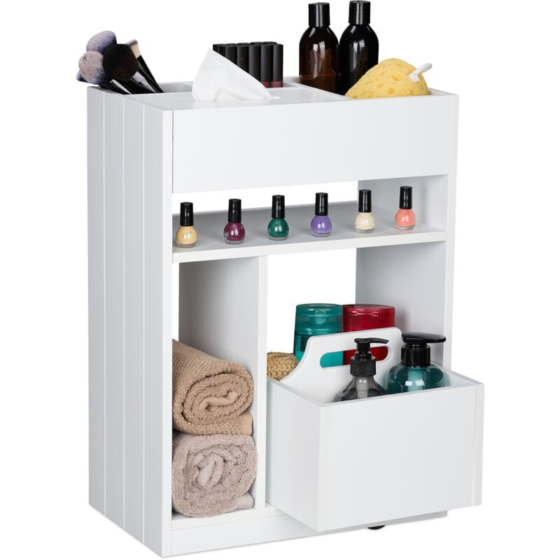 foto del prodotto carrello salvaspazio da bagno e cucina, hlp 55x38,5x23 cm, mobiletto multiuso, carrellino con ruote, bianco relaxdays