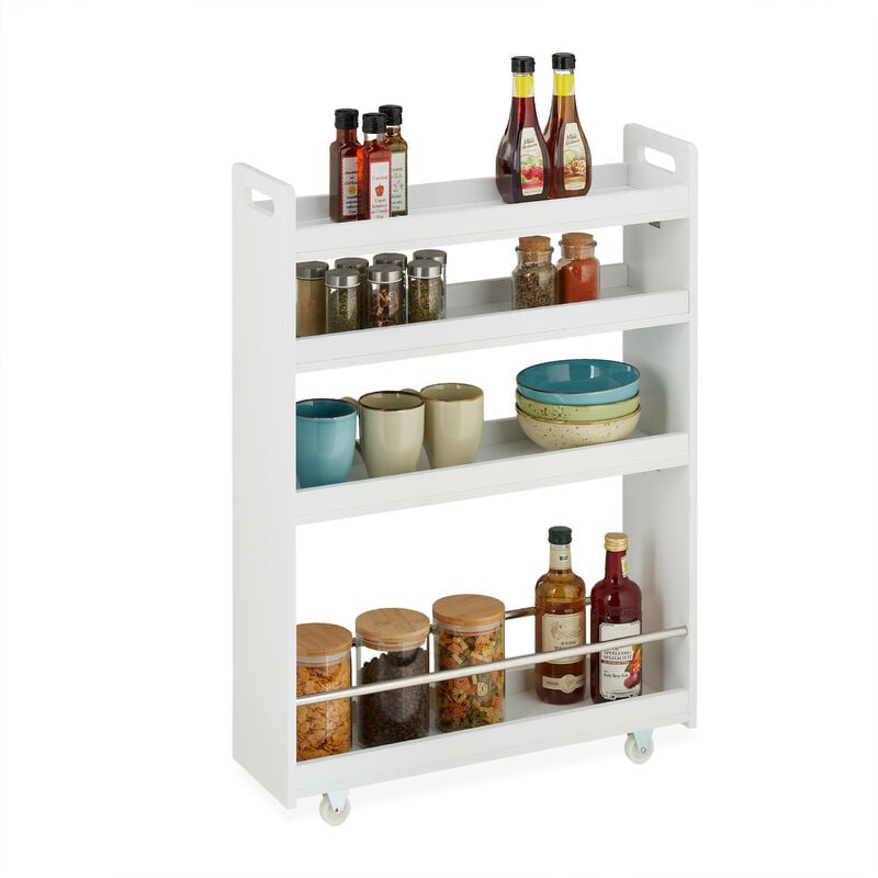 foto del prodotto carrello salvaspazio da cucina, scaffale su ruote con 4 ripiani, carrellino bagno 83,5x18x59,5 cm, mdf, bianco relaxdays