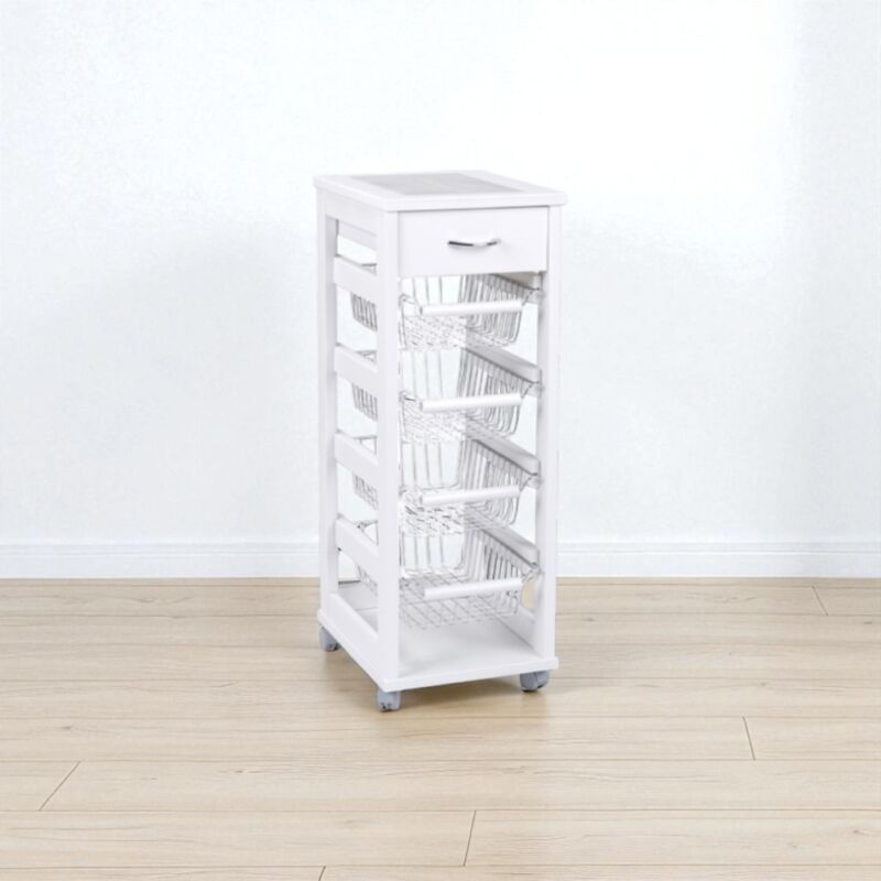 foto del prodotto carrello salvaspazio portafrutta e cassetti laccato bianco