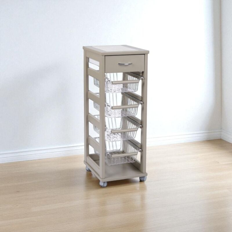 foto del prodotto carrello salvaspazio portafrutta e cassetti laccato tortora