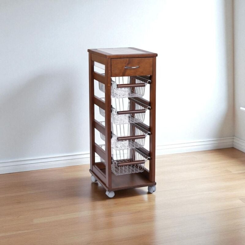 foto del prodotto carrello salvaspazio portafrutta e cassetti noce