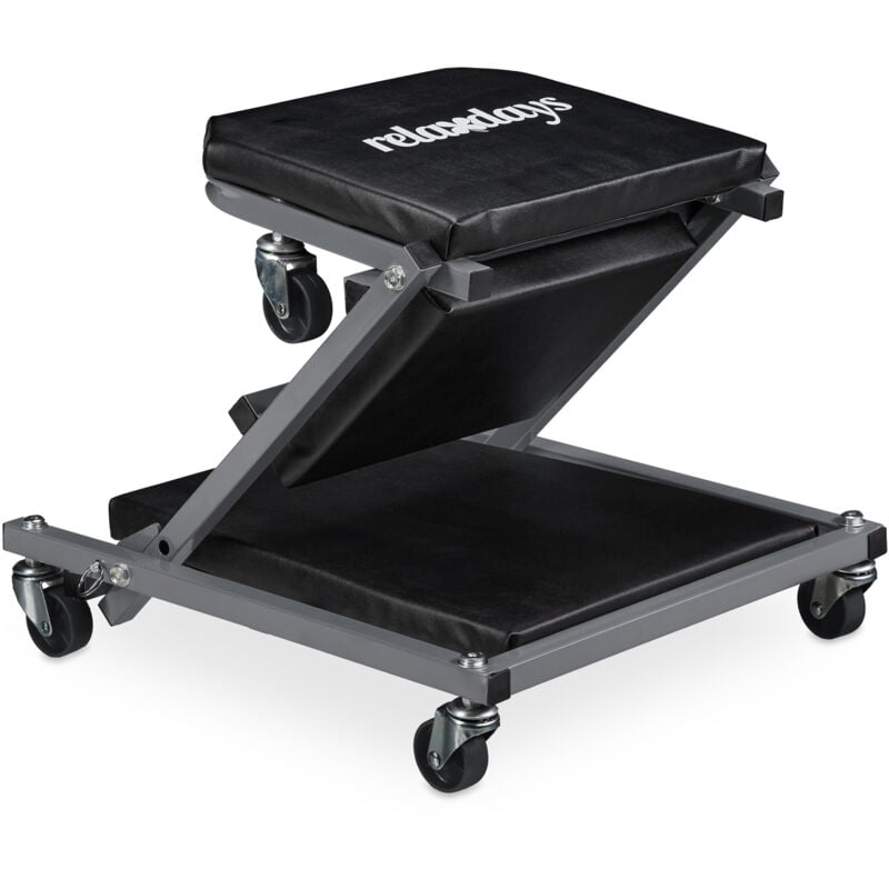 foto del prodotto carrello sotto auto da meccanico, sgabello officina con ruote a 360 , 150 kg, pieghevole, acciaio, nero grigio relaxdays