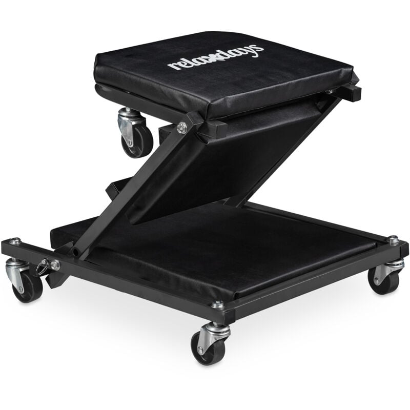 foto del prodotto carrello sotto auto da meccanico, sgabello officina con ruote a 360 , regge 150 kg, pieghevole, acciaio, nero relaxdays