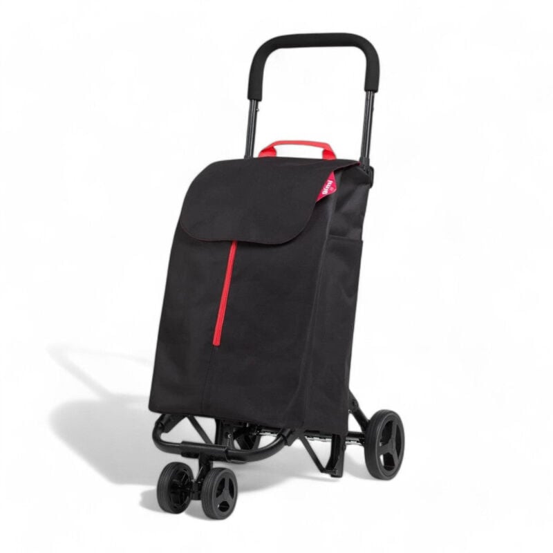 foto del prodotto carrello spesa con sacca poliestere nero 50 litri 4 ruote doppio uso struttura acciaio peso leggero zip frontale blu