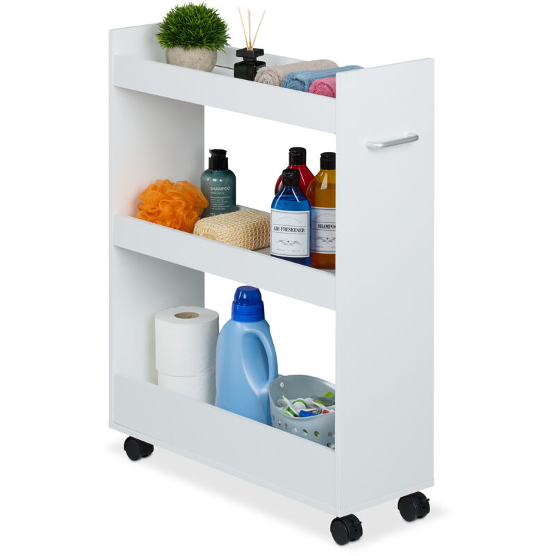 foto del prodotto carrello stretto salvaspazio, carrellino a 3 ripiani per cucina e bagno, 78x21,5x63 cm, mobile in mdf, bianco relaxdays