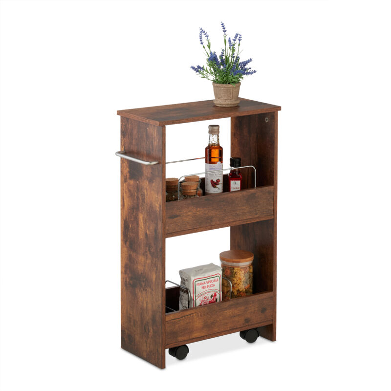 foto del prodotto carrello stretto salvaspazio, carrellino slim a 3 ripiani per cucina e bagno, hxlxp 66,5 x 42 x 20 cm, marrone relaxdays