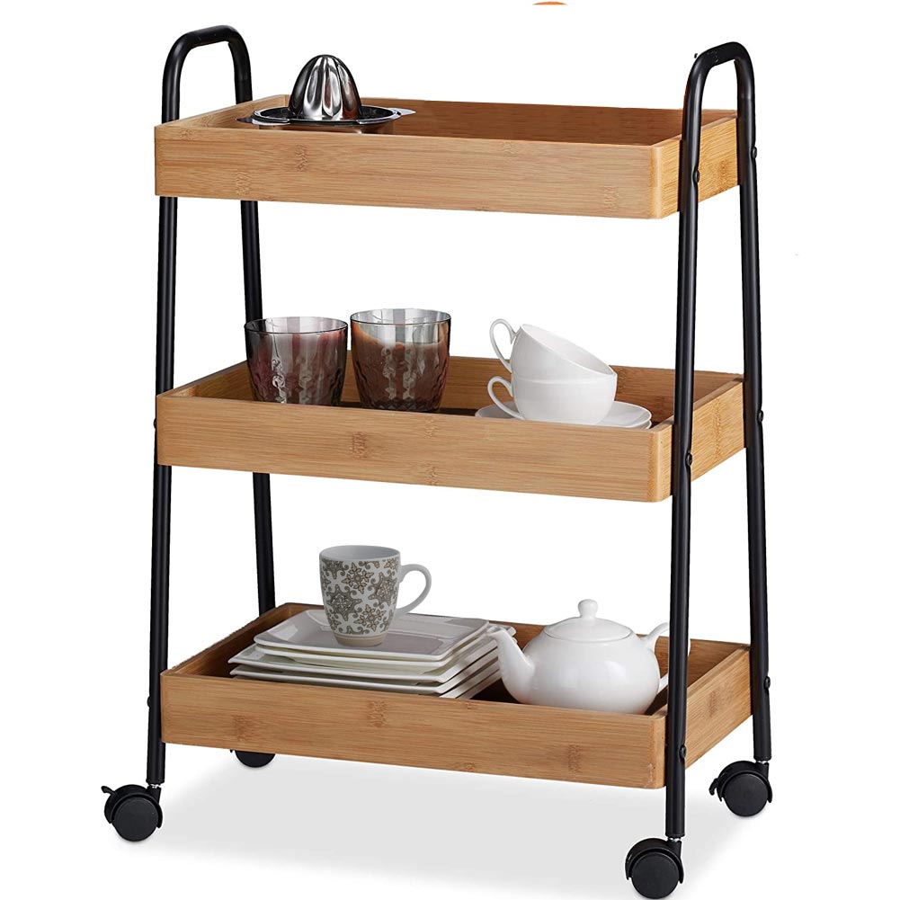 foto del prodotto carrello trolley cucina in metallo 3 ripiani in legno 4 ruote salvaspazio nero