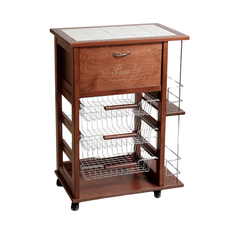 foto del prodotto carrello vesuvio portapane portabottiglie noce in faggio base inferiore multistrato di betulla 1 cassetto 3 cestelli piano mattonelle in ceramica
