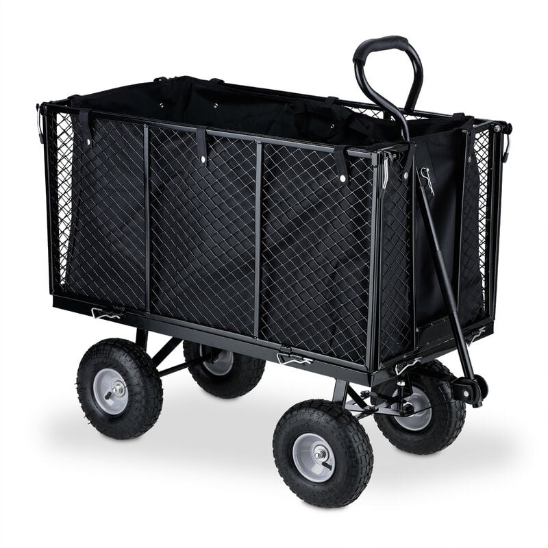 foto del prodotto carretto da giardino, carrello con sponde pieghevoli, telo estraibile, con manico, fino a 500 kg, nero grigio relaxdays