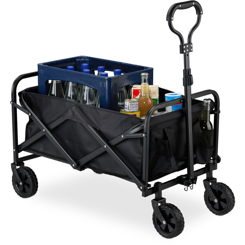 foto del prodotto carretto da giardino, carrello pieghevole con telo interno e manico, fino a 100 kg, campeggio e spesa, nero relaxdays