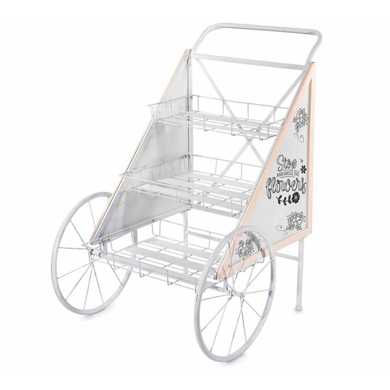 foto del prodotto carretto in metallo bianco con ruote espositore vintage per negozi, addobbo per matrimoni e cerimonie