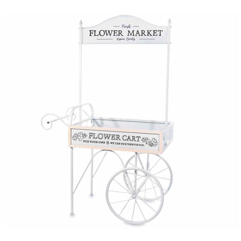 foto del prodotto carretto vintage in metallo bianco con ruote espositore per negozi, addobbo per matrimoni e cerimonie