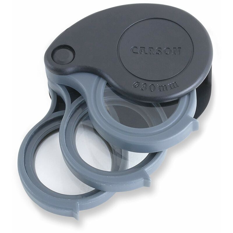 foto del prodotto carson 5x 10x 15x triview lente d ingrandimento pieghevole con custodia integrata, compatta e versatile per uso quotidiano e professionale