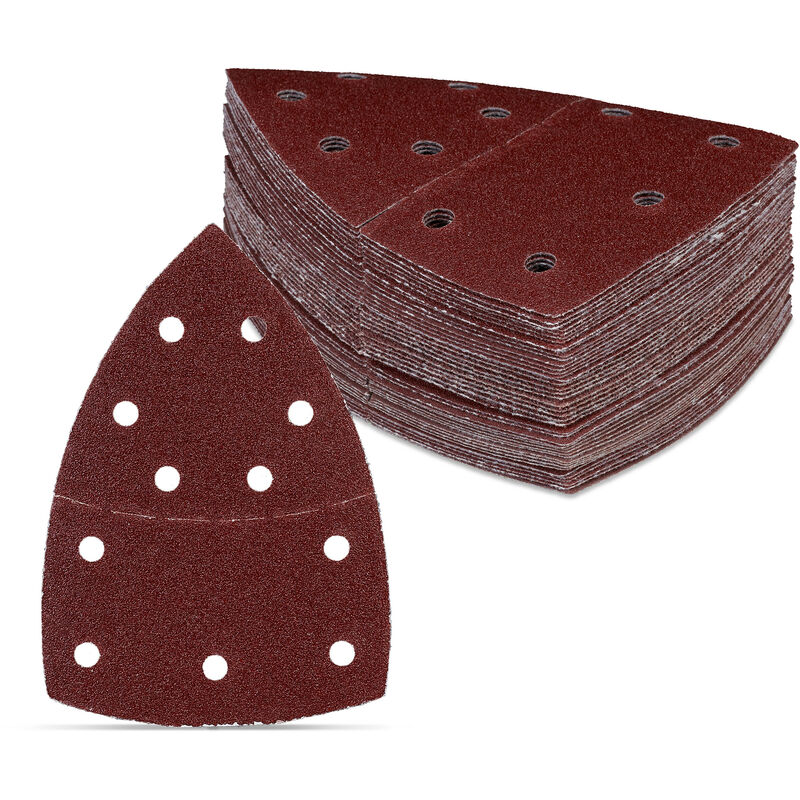foto del prodotto carta abrasiva per levigatrice orbitale, 105x152 mm, fogli triangolari, grana 40 80 120 180, 11 fori, marrone relaxdays