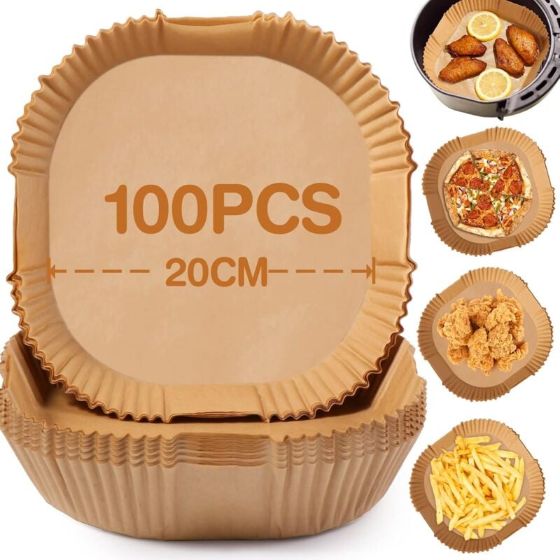 foto del prodotto carta da forno per friggitrice ad aria, 100 confezioni da 20 cm di rivestimenti per friggitrice ad aria, rivestimenti di carta monouso antiaderenti,