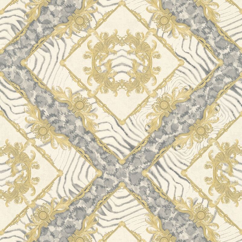 foto del prodotto carta da parati di lusso profhome 349042 carta da parati tnt leggermente strutturata leopardata lucida grigio oro bianco crema 7,035 m2